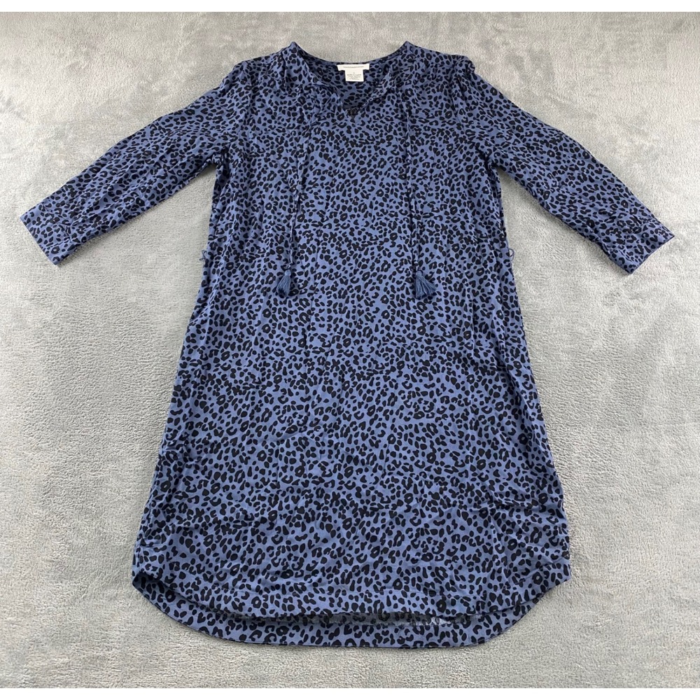 Beachlunchlounge Womens Blue Leopard Print Tassel Tie Shift Dress Small 3/4 Slv